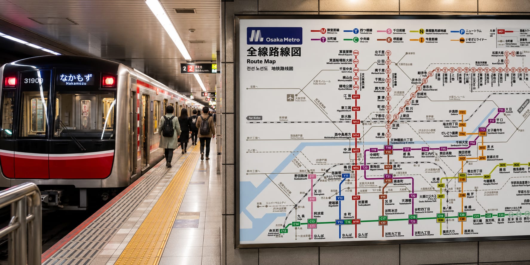 Osaka Metro train arriving at a platform beside an illuminated system route map